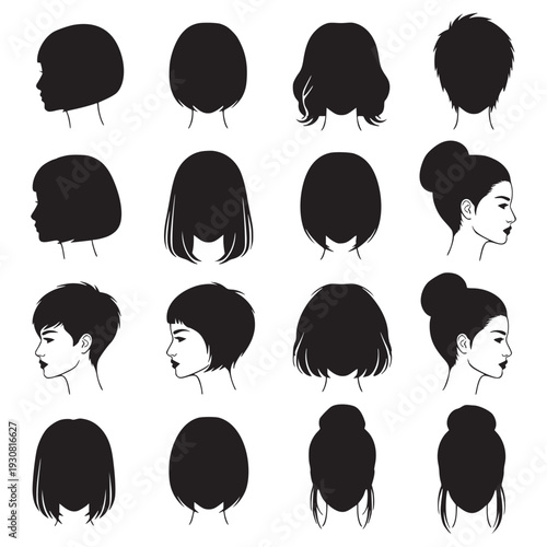 Collection of female hairstyle silhouettes and head profiles for beauty salon and hair care logo design
