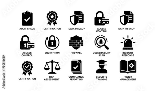 Security and compliance icon set: audit, encryption, data privacy, firewall, risk management