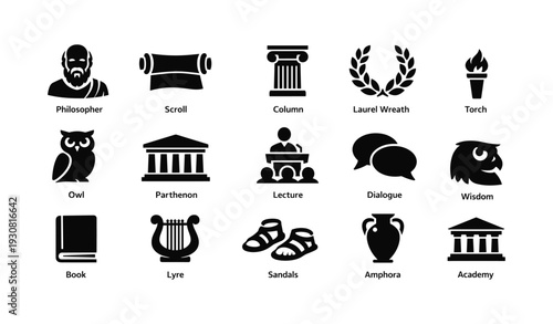 Ancient greek symbols and icons collection with owl, column, sandals, and amphora