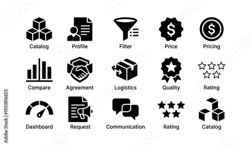 Business icons set: catalog, profile, filter, price, agreement, logistics, quality, dashboard