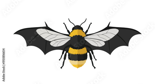 Striking graphic illustration of a bumblebee reimagined with formidable dark bat-like wings in a stylized representation