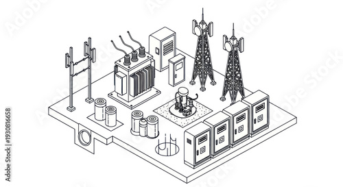 Isometric view of a telecommunications base station with towers and equipment.