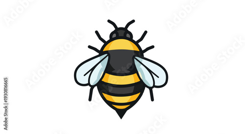 Stylized depiction of a cheerful bumblebee with bold black and yellow stripes and translucent wings isolated on a white backdrop