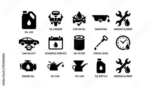 Car maintenance icons: oil change, tools, service, repair symbols