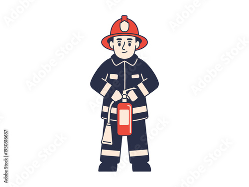 Cartoon firefighter in uniform holding fire extinguisher and equipment