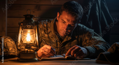 Soldier writing in journal by flickering lantern light