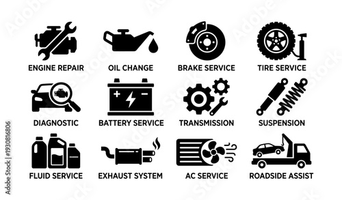 Automotive repair icons: engine, oil, brake, tire, diagnostic, battery, transmission, suspension, fluid, exhaust, ac, roadside
