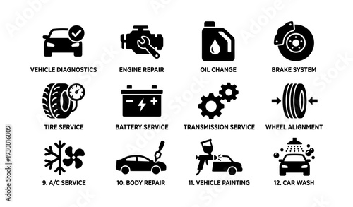 Comprehensive automotive services icons: diagnostics, repair, maintenance