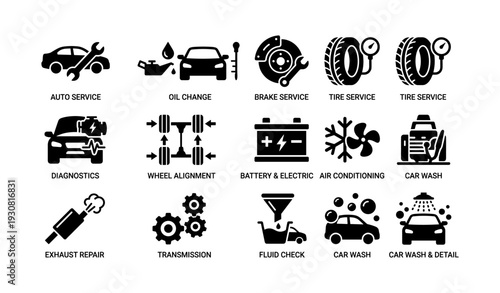Automotive service icons: car maintenance, diagnostics, tire, brake, battery, oil change