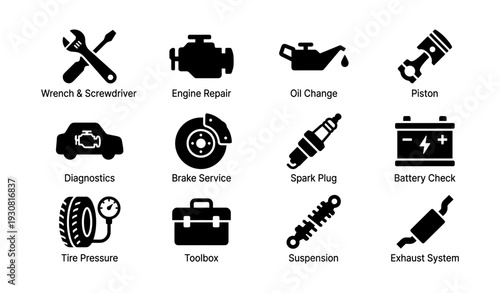 Automotive icons: repair, maintenance, tools, engine parts, diagnostics
