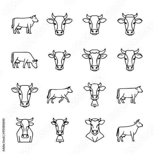 Collection of Cow Icons Cattle Heads and Farm Animal Illustrations Vector Graphics