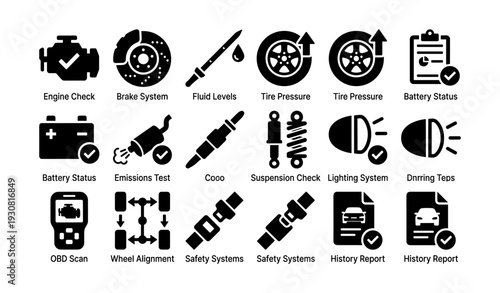 Car maintenance icons: engine, brakes, fluids, tires, battery, safety
