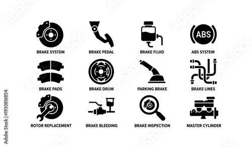 Automotive brake system icons: components and maintenance symbols