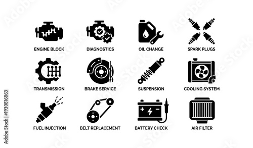 Automotive maintenance icons: engine, oil, brake, suspension, battery