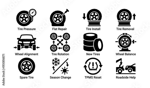 Automotive service icons: tire pressure, repair, installation, rotation, new tires