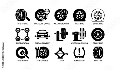 Tire maintenance icons: pressure gauge, flat tire, spare parts, alignment tools