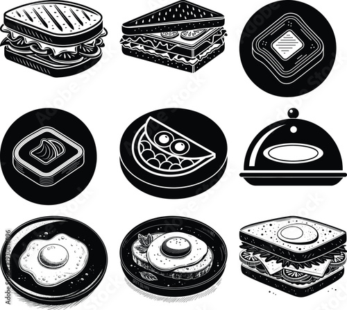 Black and white of sandwiches and breakfast dishes toast food
