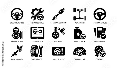 Car maintenance icons: steering, repair, diagnostics, tires, certified services
