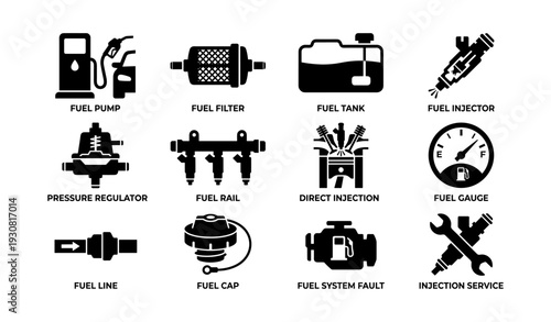 Automotive fuel system icons: pump, filter, tank, injector, regulator, rail, injection, gauge, line, cap, fault, service