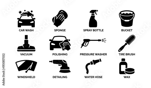 Car cleaning tools icons: sponge, spray bottle, vacuum, wax, brush, bucket