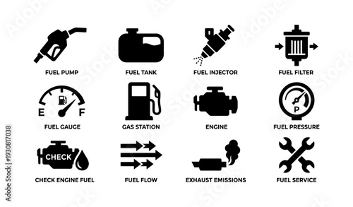 Vehicle fuel system icons: pump, tank, injector, filter, gauge, engine, emissions, service tools