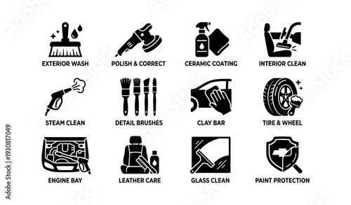 Car detailing icons: care, cleaning, coating, interior, exterior