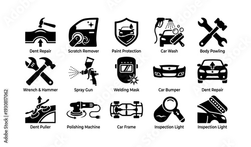 Automotive repair and maintenance icons featuring tools and equipment