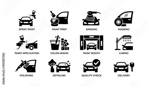 Car painting process icons: steps from prep to delivery