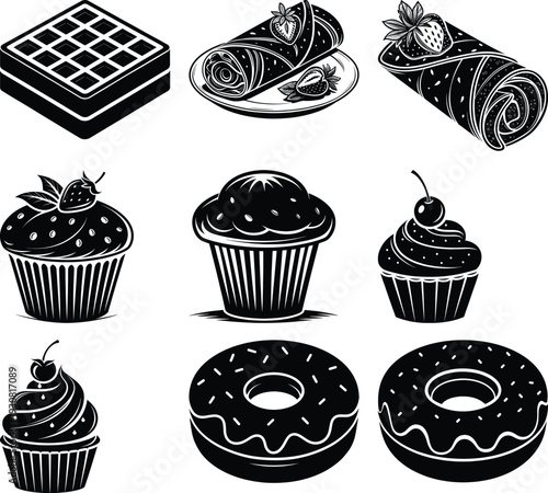 Black and white of sweet treats including waffles cupcakes donuts and crepes strawberry