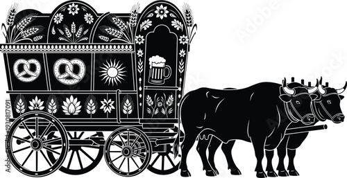 Traditional Oktoberfest beer wagon with oxen silhouette vector illustration, vintage Bavarian festival cart design, black and white folk art transport artwork