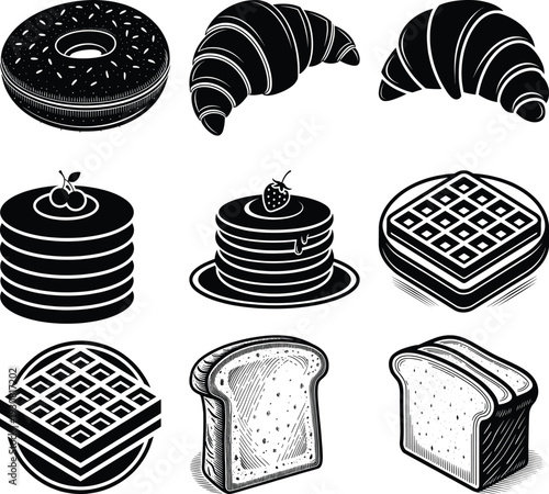 Black and white of various breakfast foods including waffles croissants and cakes