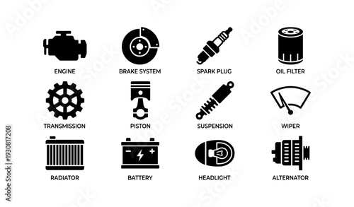Car parts icons: engine, brake system, spark plug, oil filter, transmission, piston, suspension, wiper