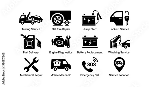 Auto assistance icons: towing, tire repair, jump start, lockout, fuel, battery, winch, mechanic, sos