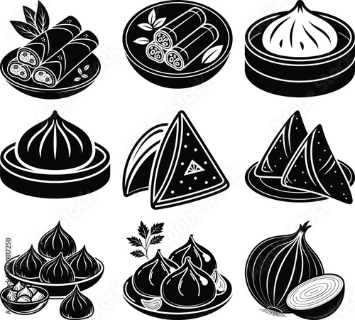 Black and white of various dumplings spring rolls and onion food