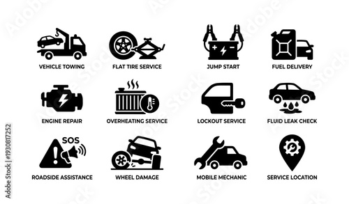 Vehicle services icons: towing, flat tire, jump start, fuel delivery, lockout assistance