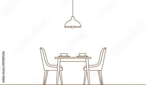 Minimalist line art dining table with chairs and pendant lamp, modern interior illustration for home decor and restaurant design concept