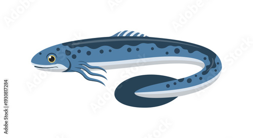 Stylized Illustration of a Blue Spotted Eel or Conger Eel with Delicate Tentacles and a Curving Body