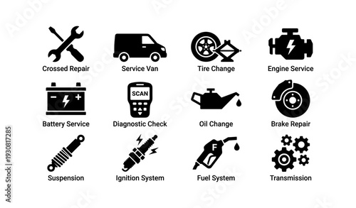 Automotive symbols: tools, service van, tire change, engine, battery, diagnostic, oil, brake, suspension