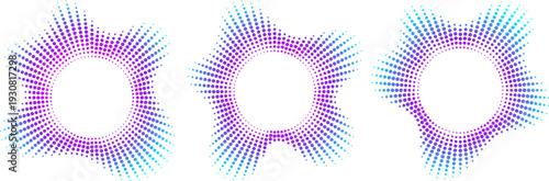 Collection of magenta and cyan neon circular sound wave frames with dots abstract radial music icons