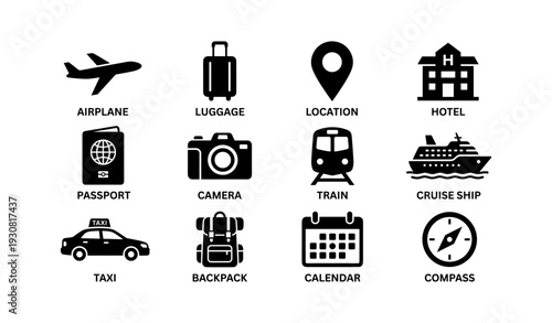 Travel icons: airplane, luggage, location, hotel, and more for vacation planning