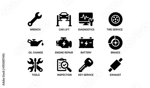 Car repair icons: wrench, car lift, diagnostics, tire, oil, engine, battery, brakes, tools