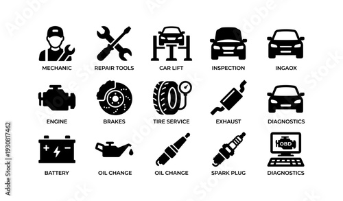 Automotive service icons: mechanic tools, car inspection, tire and engine maintenance