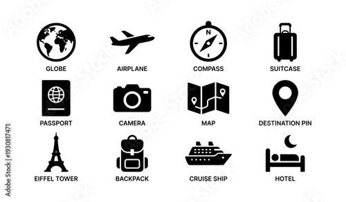 Travel icons set featuring globe, airplane, compass, suitcase, and more