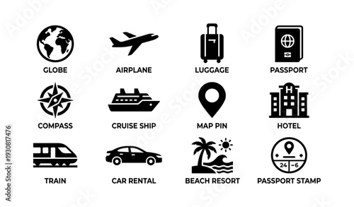 Travel icons set: airplane, cruise ship, compass, beach resort, luggage, passport, hotel