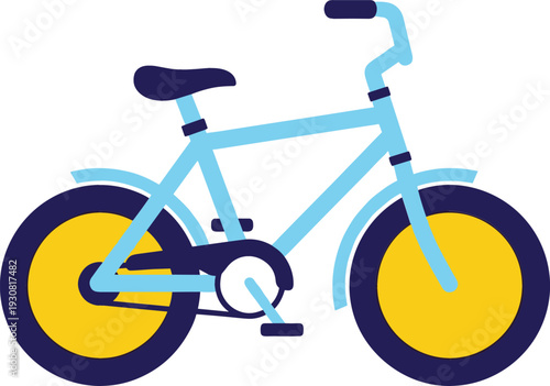 Flat Bicycle Illustration with Yellow Wheels and Blue Frame for Urban Transportation, Cycling Sport, Eco Friendly Travel Vector Design