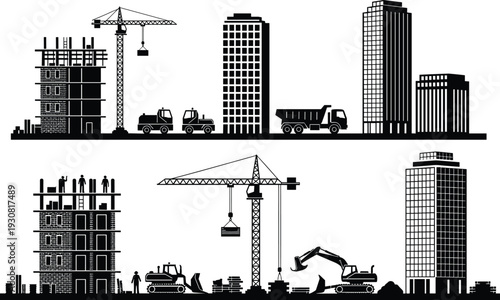 Urban construction site panorama silhouette with cranes, excavators, trucks and high rise buildings, city infrastructure development concept, black vector illustration set