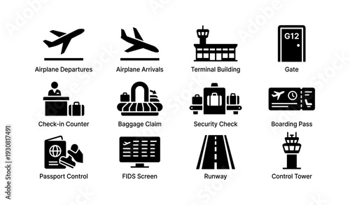 Airport icons: departures, arrivals, terminal, gate, check-in, baggage
