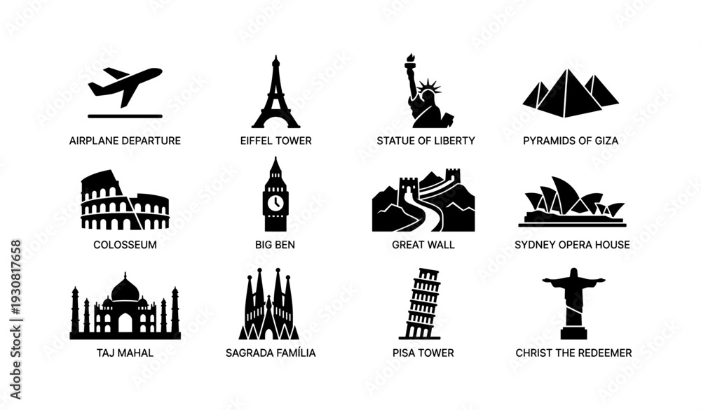 Naklejka premium Famous landmark icons: airplane, eiffel tower, statue of liberty, pyramids, colosseum, big ben, great wall, sydney opera, taj mahal, sagrada família, pisa tower, christ statue