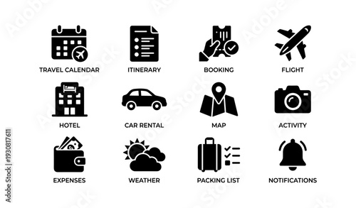 Travel planning icons: calendar, itinerary, booking, flight, hotel, car rental, map, activity, expenses, weather, packing, notifications