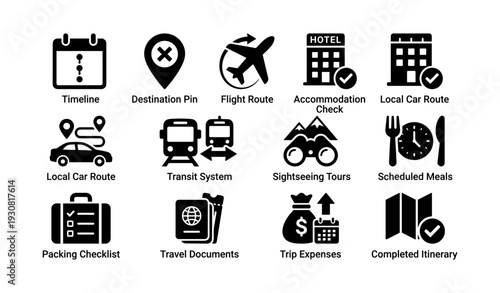Travel planning icons: timeline, flight, accommodation, meals, expenses, itinerary